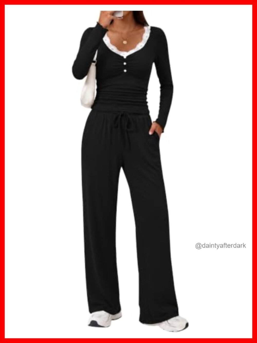 Women's 2 Piece Lounge Set Wide Leg Pants Lace V-Neck Drawstring Outfit